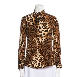 SMYTHE 100% Silk Leopard‎ Animal Print Tie Neck Button Blouse Size Medium